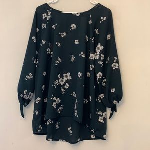 Papermoon Larie tie sleeve blouse Teal green with flowers Size XXL